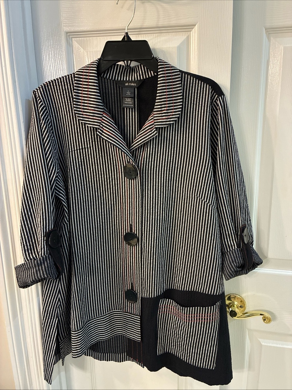 Ali Miles Black & White Striped Button Tunic Top Red Trim SZ L